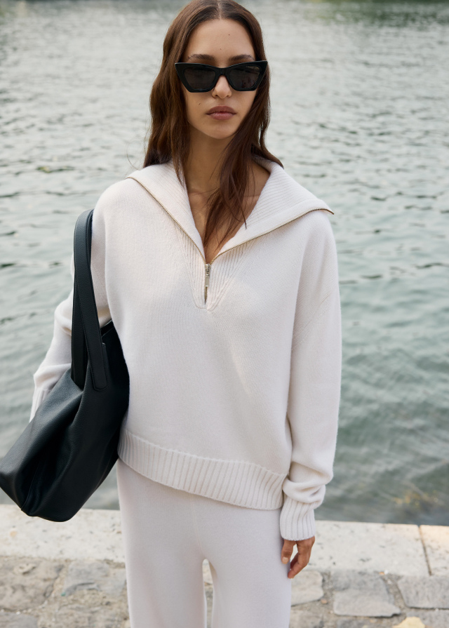 Cashmere and merino wool ski sweater, milky white
